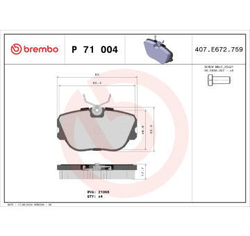 Sada brzdových destiček, kotoučová brzda BREMBO P 71 004