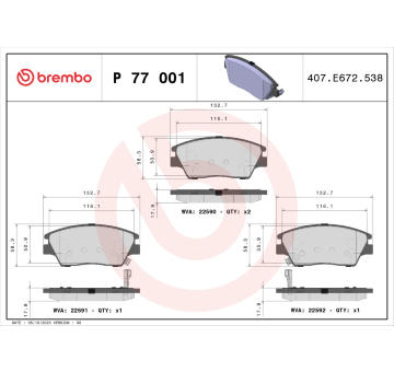 Sada brzdových destiček, kotoučová brzda BREMBO P 77 001