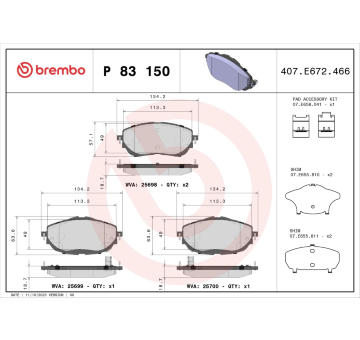 Sada brzdových destiček, kotoučová brzda BREMBO P 83 150