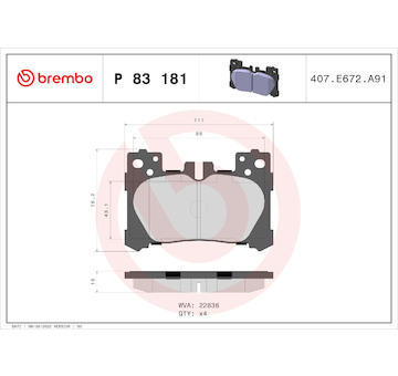 Sada brzdových destiček, kotoučová brzda BREMBO P 83 181