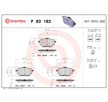 Sada brzdových destiček, kotoučová brzda BREMBO P 83 182