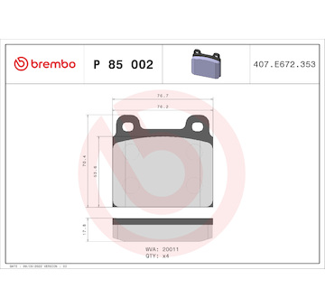 Sada brzdových destiček, kotoučová brzda BREMBO P 85 002