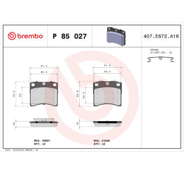 Sada brzdových destiček, kotoučová brzda BREMBO P 85 027