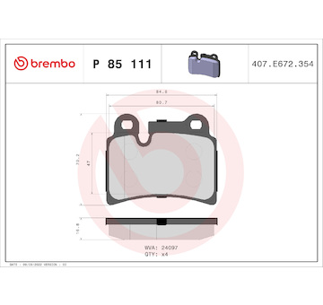 Sada brzdových destiček, kotoučová brzda BREMBO P 85 111