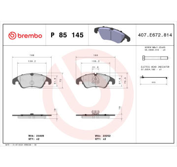 Sada brzdových destiček, kotoučová brzda BREMBO P 85 145