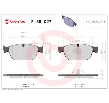 Sada brzdových destiček, kotoučová brzda BREMBO P 86 027