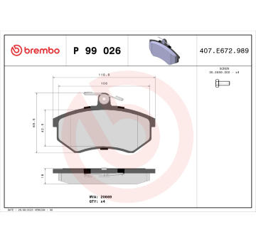 Sada brzdových destiček, kotoučová brzda BREMBO P 99 026