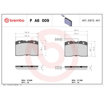 Sada brzdových destiček, kotoučová brzda BREMBO P A6 009