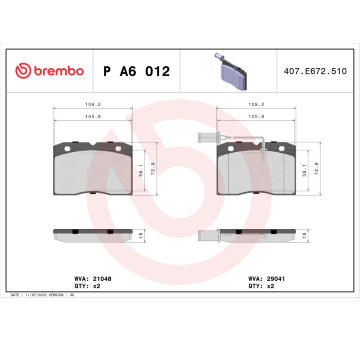 Sada brzdových destiček, kotoučová brzda BREMBO P A6 012