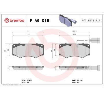 Sada brzdových destiček, kotoučová brzda BREMBO P A6 016