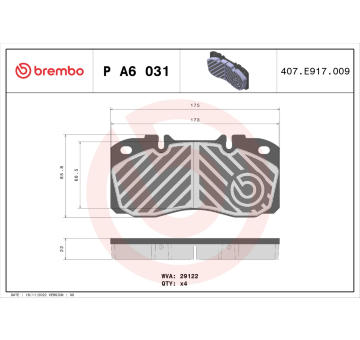 Sada brzdových destiček, kotoučová brzda BREMBO P A6 031