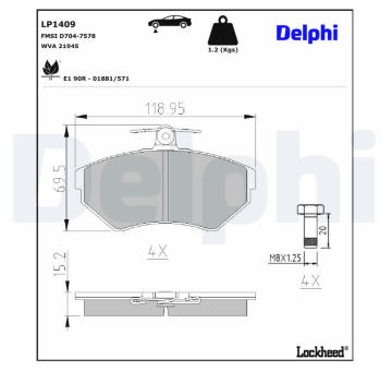 Sada brzdových destiček, kotoučová brzda DELPHI LP1409