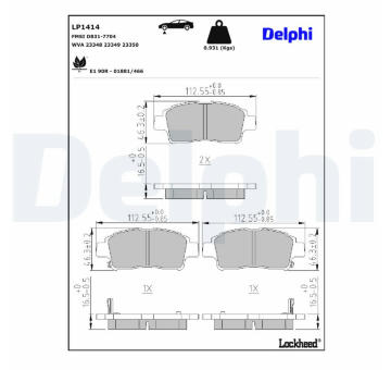 Sada brzdových destiček, kotoučová brzda DELPHI LP1414