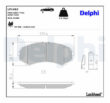 Sada brzdových destiček, kotoučová brzda DELPHI LP1462