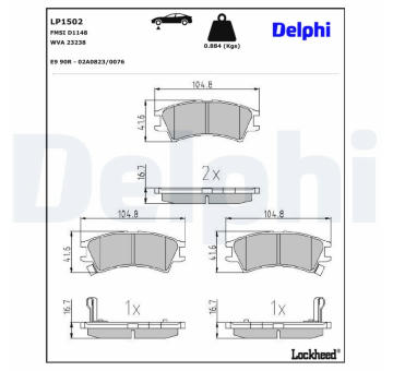 Sada brzdových destiček, kotoučová brzda DELPHI LP1502
