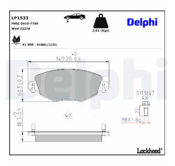 Sada brzdových destiček, kotoučová brzda DELPHI LP1533