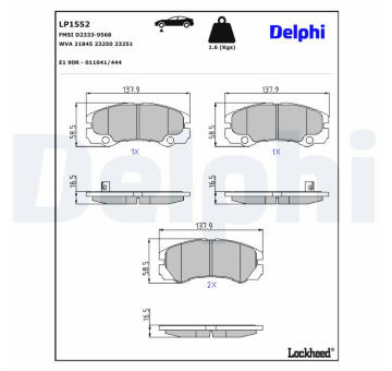 Sada brzdových destiček, kotoučová brzda DELPHI LP1552