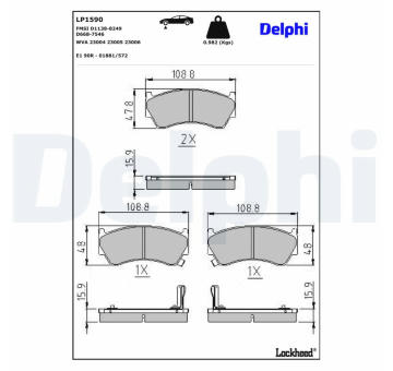 Sada brzdových destiček, kotoučová brzda DELPHI LP1590