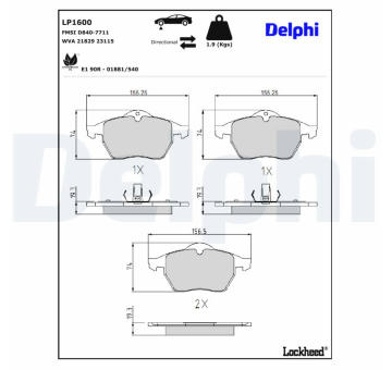 Sada brzdových destiček, kotoučová brzda DELPHI LP1600