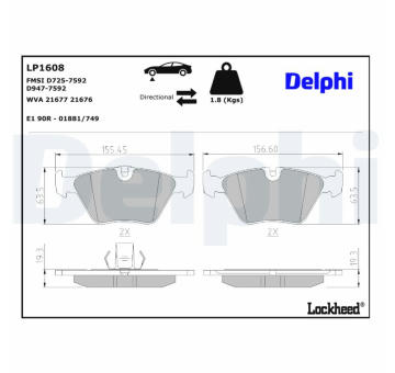 Sada brzdových destiček, kotoučová brzda DELPHI LP1608