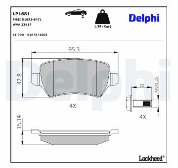 Sada brzdových destiček, kotoučová brzda DELPHI LP1681