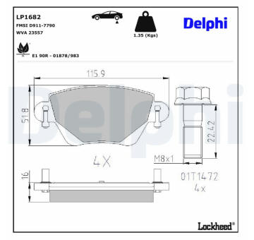 Sada brzdových destiček, kotoučová brzda DELPHI LP1682