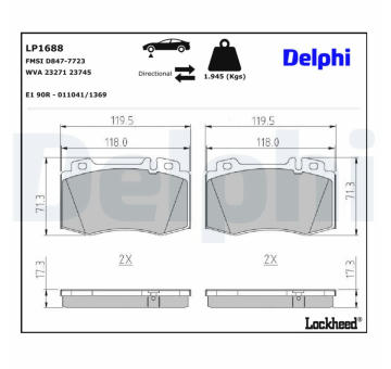 Sada brzdových destiček, kotoučová brzda DELPHI LP1688