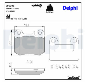 Sada brzdových destiček, kotoučová brzda DELPHI LP1705