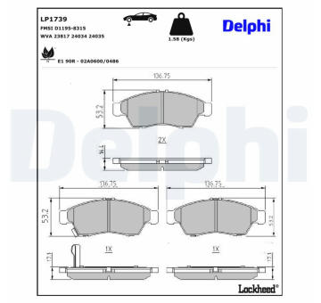 Sada brzdových destiček, kotoučová brzda DELPHI LP1739