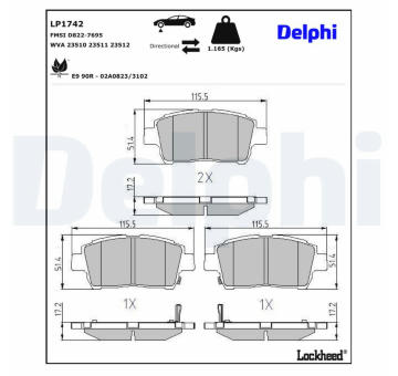 Sada brzdových destiček, kotoučová brzda DELPHI LP1742