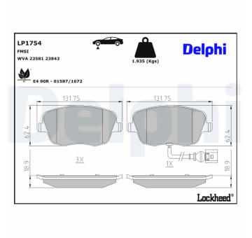 Sada brzdových destiček, kotoučová brzda DELPHI LP1754