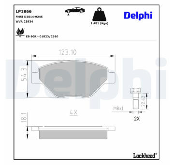 Sada brzdových destiček, kotoučová brzda DELPHI LP1866
