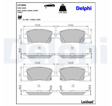 Sada brzdových destiček, kotoučová brzda DELPHI LP1896