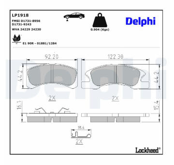 Sada brzdových destiček, kotoučová brzda DELPHI LP1918