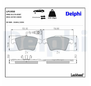 Sada brzdových destiček, kotoučová brzda DELPHI LP1950