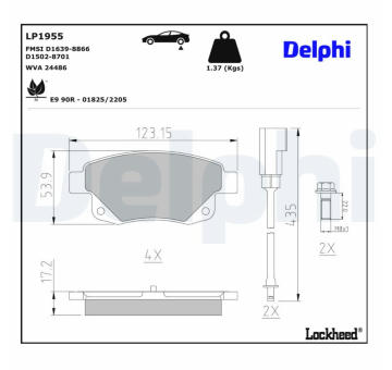 Sada brzdových destiček, kotoučová brzda DELPHI LP1955