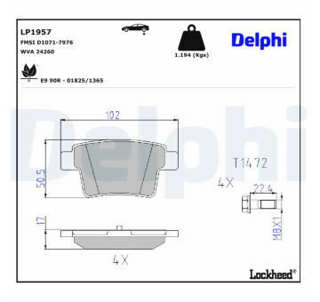 Sada brzdových destiček, kotoučová brzda DELPHI LP1957