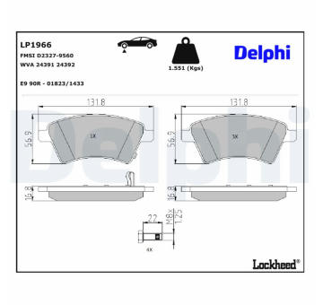 Sada brzdových destiček, kotoučová brzda DELPHI LP1966