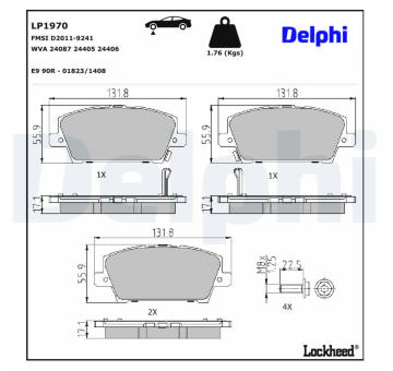 Sada brzdových destiček, kotoučová brzda DELPHI LP1970