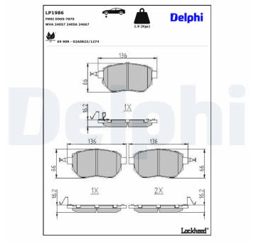 Sada brzdových destiček, kotoučová brzda DELPHI LP1986