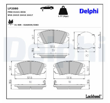 Sada brzdových destiček, kotoučová brzda DELPHI LP2080