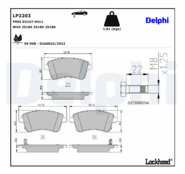 Sada brzdových destiček, kotoučová brzda DELPHI LP2203
