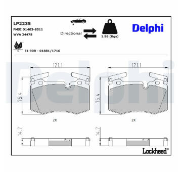 Sada brzdových destiček, kotoučová brzda DELPHI LP2235