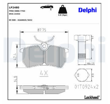 Sada brzdových destiček, kotoučová brzda DELPHI LP2480