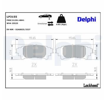 Sada brzdových destiček, kotoučová brzda DELPHI LP3155