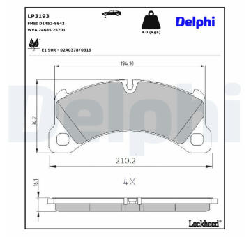 Sada brzdových destiček, kotoučová brzda DELPHI LP3193