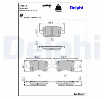 Sada brzdových destiček, kotoučová brzda DELPHI LP3218