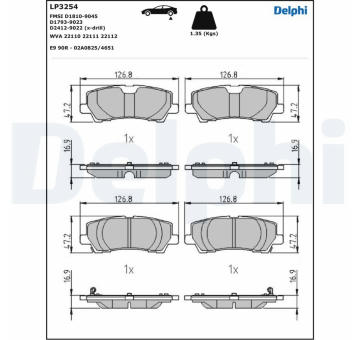 Sada brzdových destiček, kotoučová brzda DELPHI LP3254