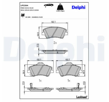 Sada brzdových destiček, kotoučová brzda DELPHI LP3264