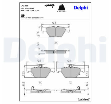 Sada brzdových destiček, kotoučová brzda DELPHI LP3268